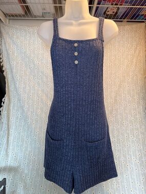 Blue Knit Romper Dress with Front Buttons